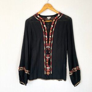 TALITHA Women’s Small Embroidered Pop Over Tunic Top Black Gauzy 100% Cotton